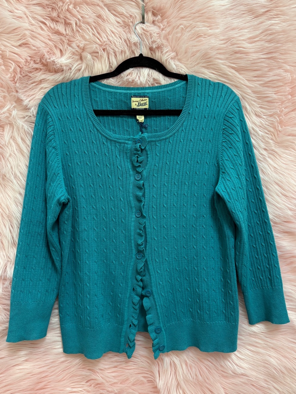 Vintage Bass Teal Cable Knit Button-Front Cardigan